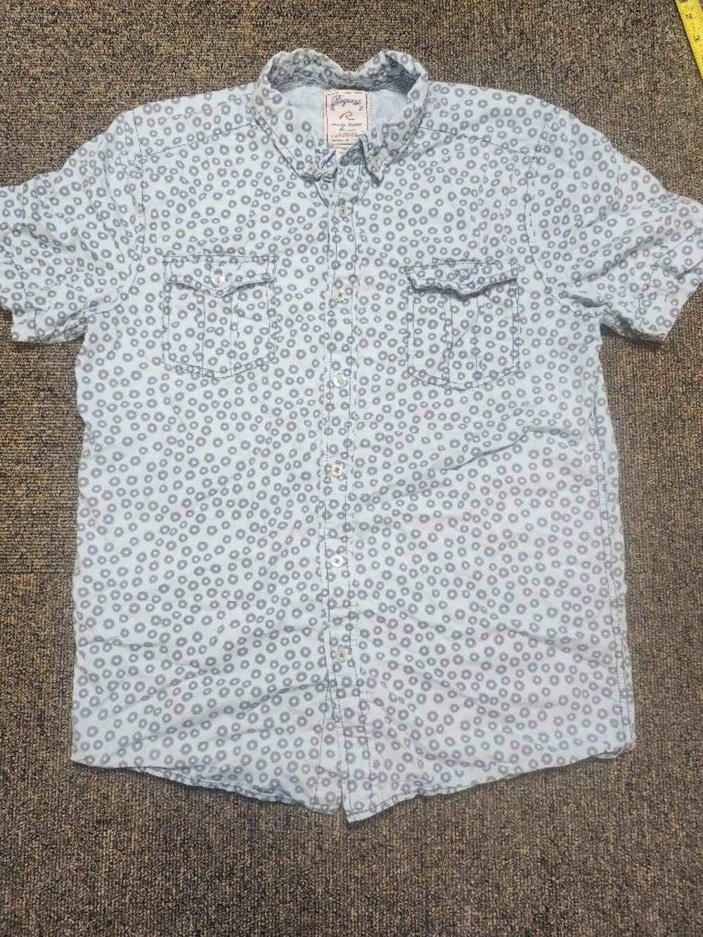 Request Men's Medium Short Sleeve Button Front Shirt Blue Geometric Print Cotton